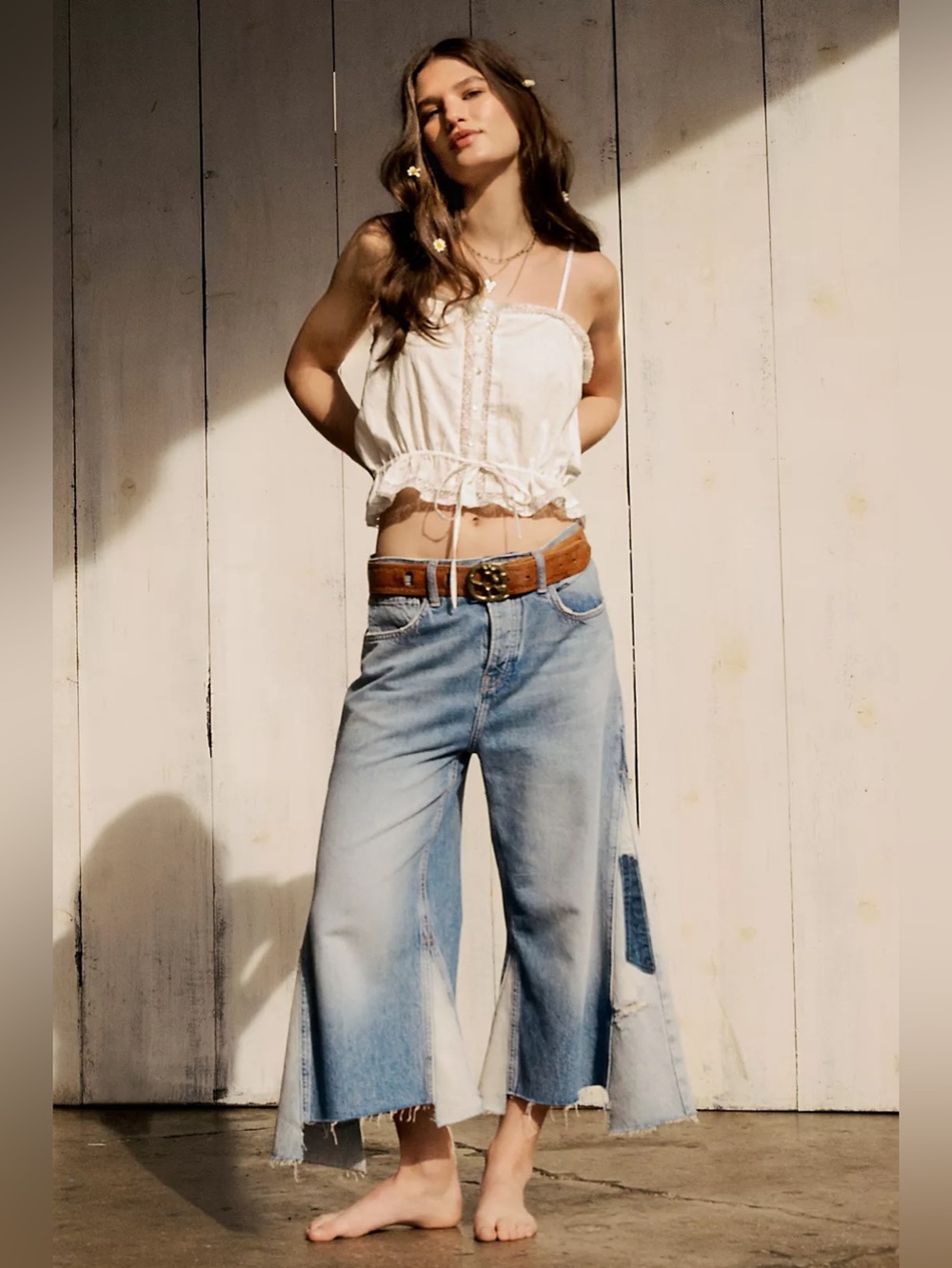 NWT FREE PEOPLE WE THE FREE Ripple Wide-Leg Pieced Cropped Jeans | Second Chance